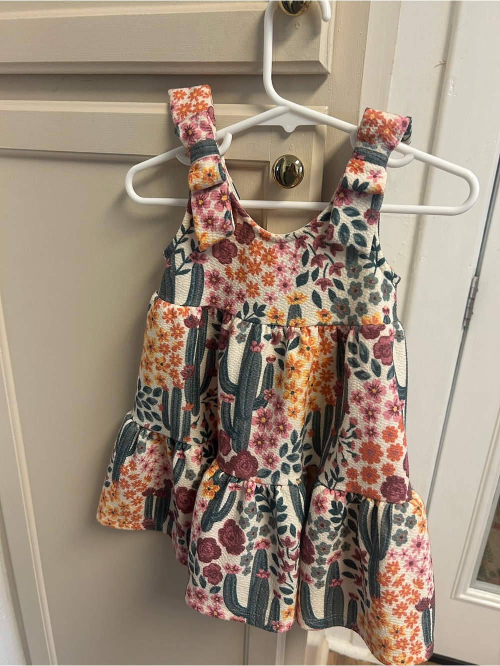 Sincerly Jules Floral Cactus Print Dress in Cream, Green, Pink, Orange